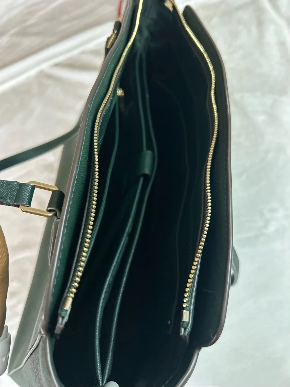 Tory Burch Dark Green Saffiano Leather Large Tote with Gold Hardware.